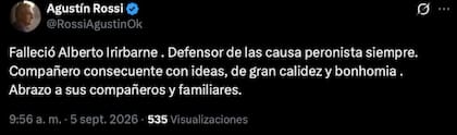 El saludo de Agustín Rossi tras conocer la noticia