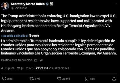 El secretario de Estado de EE.UU. dio a conocer la medida en sus redes sociales