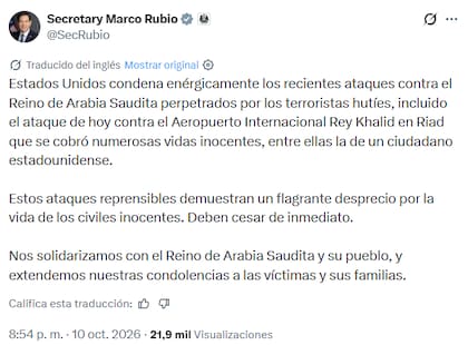 El secretario de Estado de Estados Unidos, Marco Rubio, indicó en X que un ciudadano de su país murió en el ataque al aeropuerto de Riad