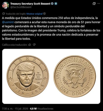 El Secretario del Tesoro anunció la acuñación de monedas con el rostro de Donald Trump
