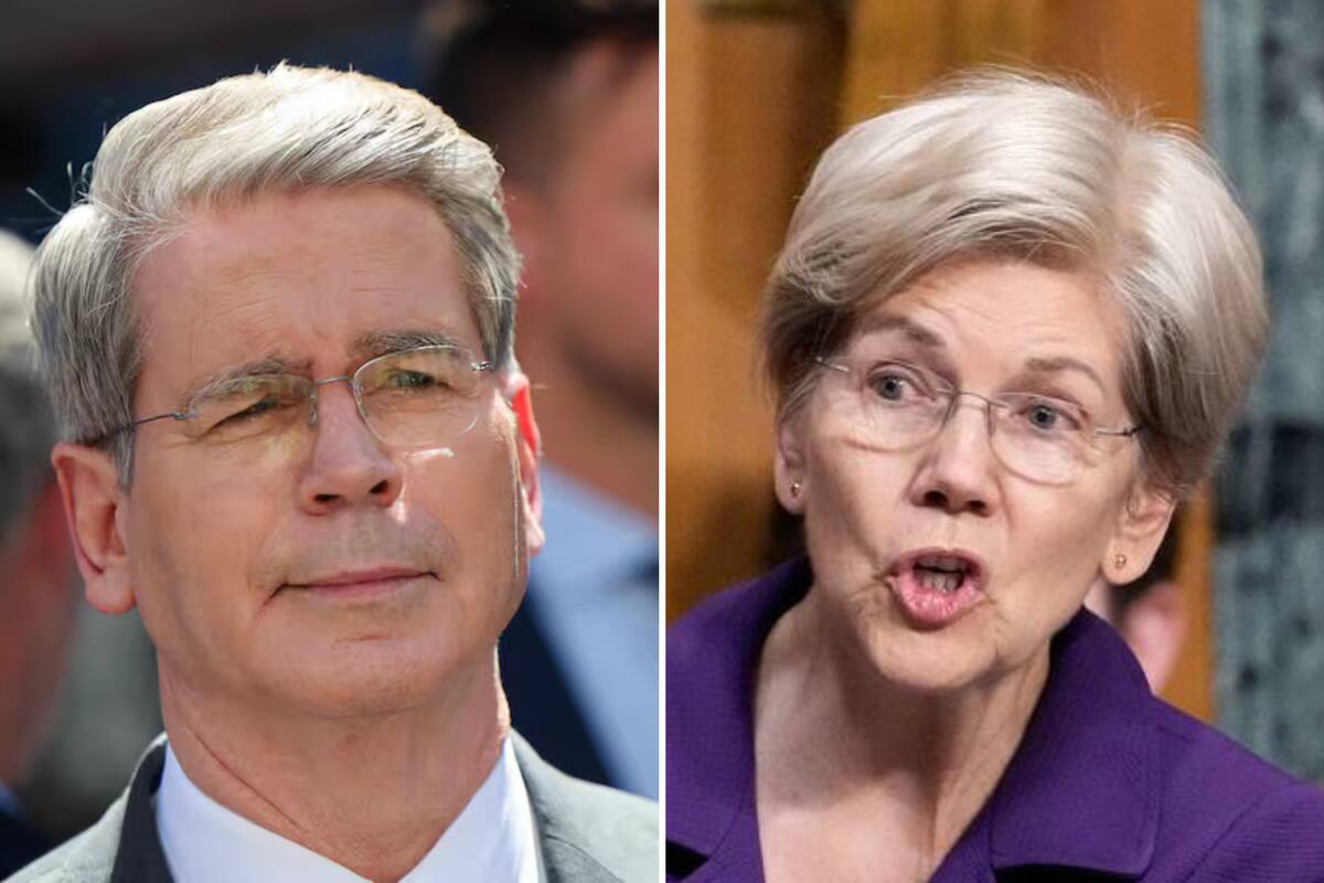 El secretario del Tesoro norteamericano, Scott Bessent, y la senadora demócrata Elisabeth Warren.