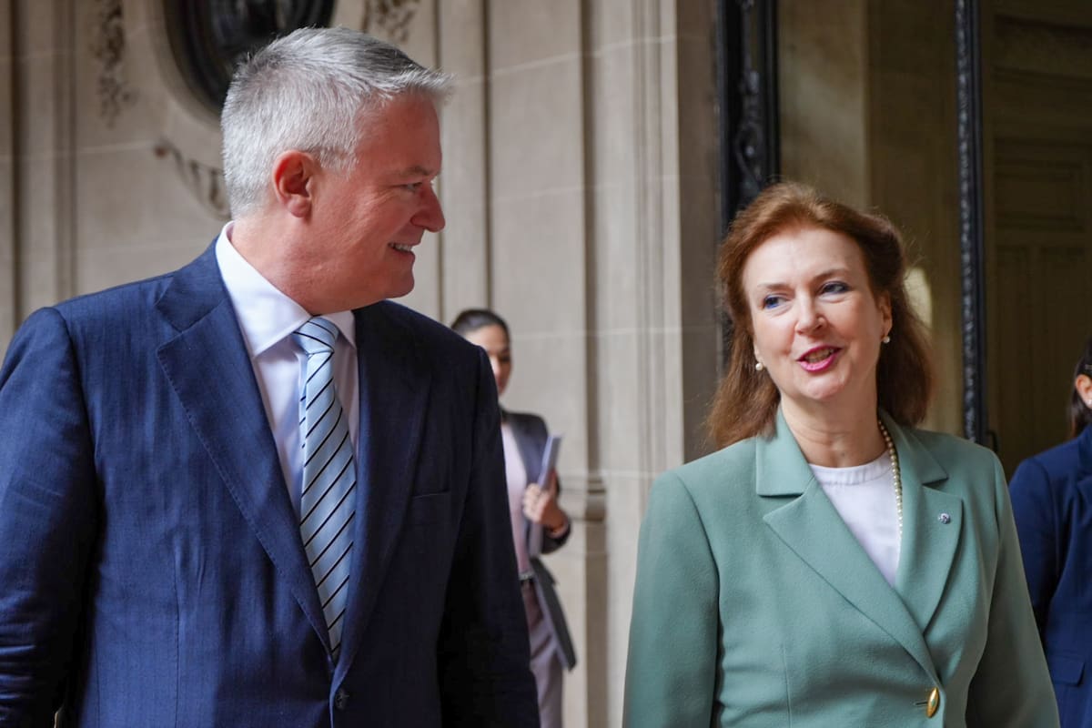El secretario general de la Ocde, Mathias Cormann, y la canciller Diana Mondino hoy en el Palacio San Martín