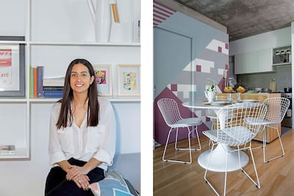 El sector de comedor tiene mesa Tulip (Deco Design), sillas Bertoia (De Sillas), alfombra (Mihran) y sillón tapizado en gris (Goral Deco).
