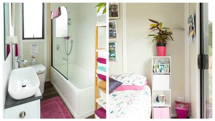 El sector del baño y la habitación de la pequeña casa