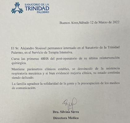 El tercer comunicado de la Trinidad sobre la salud de Alejandro Stoessel