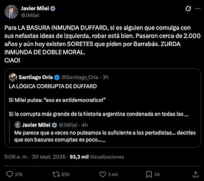 El segundo posteo del Presidente contra Duffard - @JMilei