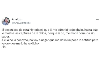 El segundo tuit, donde la usuaria aclaró que terminó la relación con su novio