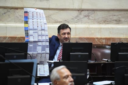 El senador Edgardo Kueider muestra una boleta única de papel bajo el modelo de Córdoba. Foto: Senado