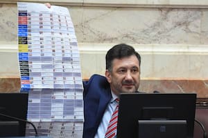 El senador Edgardo Kueider muestra una boleta única de papel bajo el modelo de Córdoba. Foto: Senado