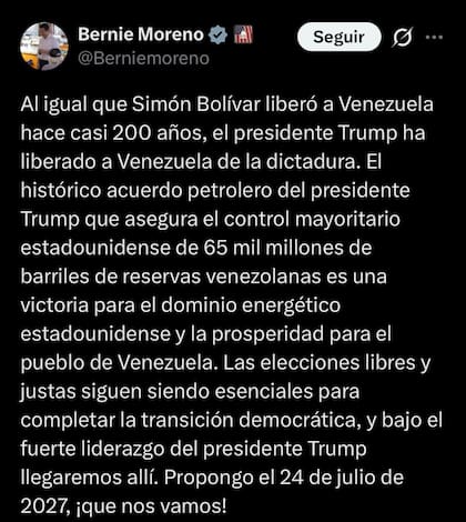 El senador republicano Bernie Moreno propuso el 24 de julio de 2027 como fecha para celebrar elecciones presidenciales en Venezuela