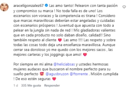El sentido mensaje de Araceli González (Foto: Instagram @heliciabsas)