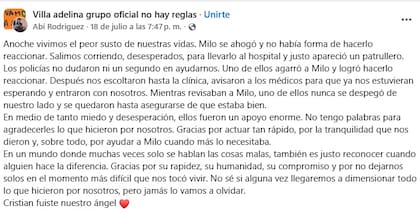 El sentido posteo de Abigail en Facebook, agradeciendo la fundamental intervención de Cristian para salvarle la vida a su hijo Nilo
