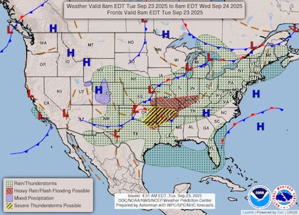 El Servicio Meteorológico Nacional (NWS) advierte que un frente frío activo provocará tormentas generalizadas desde los Grandes Lagos hasta las llanuras del sur