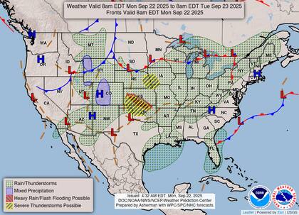 El Servicio Meteorológico Nacional (NWS) alertó sobre sistemas convectivos con lluvias torrenciales y riesgo de inundaciones repentinas en el oeste y sur de Kansas, noreste de Oklahoma, valle de Ohio, región de Ozarks y Mid-South