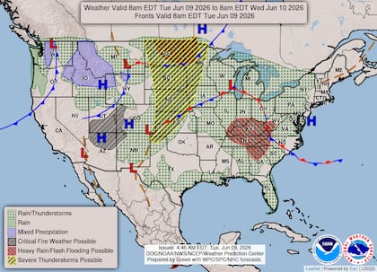 El Servicio Meteorológico Nacional (NWS) decretó un riesgo leve de precipitaciones excesivas para las Grandes Llanuras y el valle superior del Mississippi