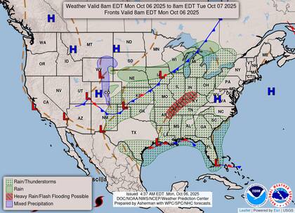 El Servicio Meteorológico Nacional (NWS) pronostica acumulados de lluvia de entre tres y cinco pulgadas (76-127 mm) en el valle de Ohio, el Medio Sur y el valle de Tennessee