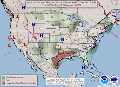 El Servicio Meteorológico Nacional (NWS) proyecta acumulados generalizados de entre cuatro y seis pulgadas (10 y 15 centímetros) en el sur de Texas