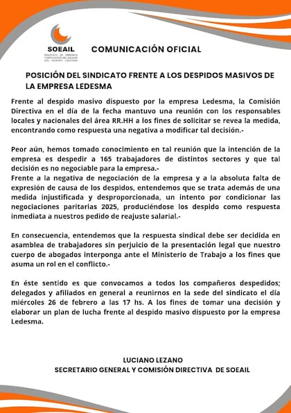 El Sindicato convocó a una reunión para el miércoles