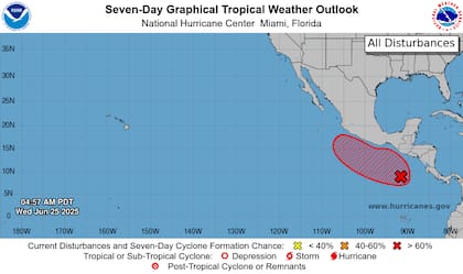 El sistema Invest 95, ubicado a cientos de kilómetros al sur de Centroamérica, tiene un 80% de probabilidad de convertirse en ciclón tropical en los próximos 7 días según el Centro Nacional de Huracanes de EE.UU.