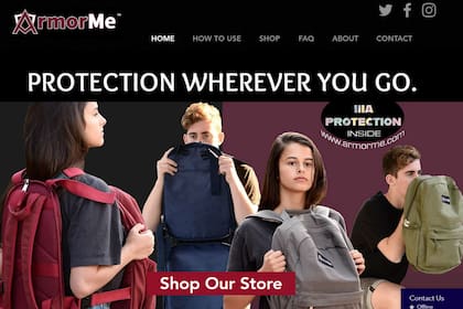 El sitio de ArmorMe, uno de las empresas que venden mochilas antibalas