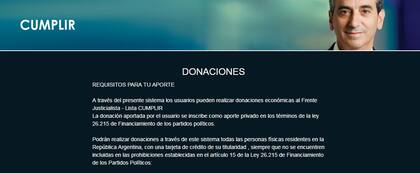 El sitio de Cumplir para donaciones de 100 a 10.000 pesos