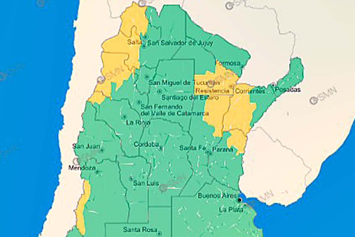 El SMN anuncia alerta amarilla para algunas provincia del norte y oeste del país