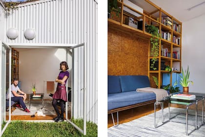La biblioteca combina el OSB con listones de guatambú (diseño y fabricación, CCPM Arquitectos).