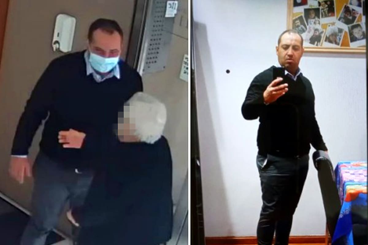 El sospechoso con una de sus víctimas (izquierda) y en una imagen recuperada en su teléfono celular