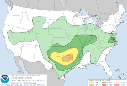 El SPC advierte riesgo elevado de granizo grande, vientos destructivos y posibles tornados en el norte de Texas y suroeste de Arkansas este miércoles