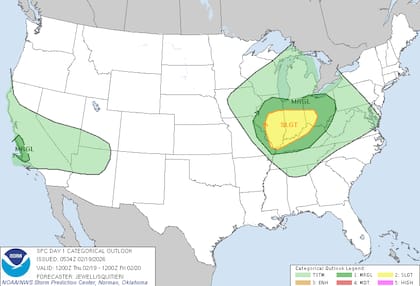 El SPC advirtió sobre condiciones favorables para granizo grande, ráfagas dañinas y tornados aislados en una franja que abarca desde el este de Missouri hasta Ohio e Indiana