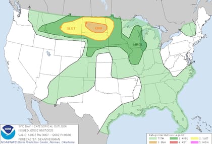 El SPC alerta por vientos de hasta 120 km/h, granizo mayor a 5 cm y posibles tornados en Dakota del Norte, Dakota del Sur y Minnesota desde este jueves hasta el sábado