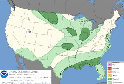 El SPC alerta que el evento en el Medio Oeste incluirá amenazas de granizo de gran tamaño, vientos destructivos y la posibilidad de tornados aislados