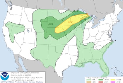 El SPC alerta sobre supercélulas con vientos de 90 km/h y posibles tornados en Dakota del Sur, Minnesota y Michigan, donde la inestabilidad atmosférica alcanzará niveles peligrosos esta tarde-noche