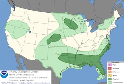 El SPC alertó sobre un riesgo marginal de fenómenos extremos que se extenderá desde Texas hasta las Carolinas