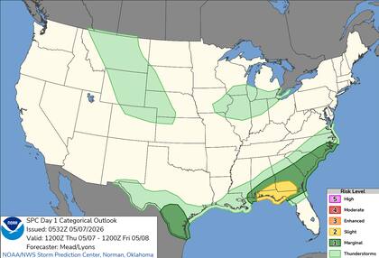 El SPC delimitó un área de vigilancia de nivel 2 para el sur de Georgia y Alabama, donde la inestabilidad atmosférica favorece ráfagas de viento dañinas