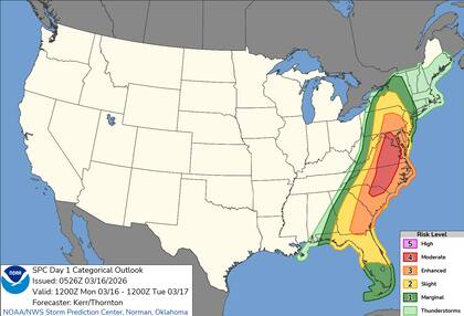 El SPC elevó a "Moderado" el nivel de alerta para Maryland, Virginia y las Carolinas, ante el avance de un frente frío potente que colisionará con aire cálido y húmedo del Atlántico