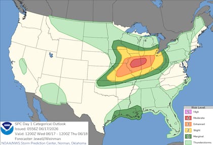 El SPC elevó a "moderado" el riesgo de tormentas severas para Illinois e Indiana, con la posibilidad de tornados potencialmente intensos