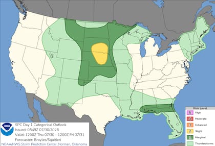 El SPC emitió un Nivel 2 de 5 de clima severo para las Grandes Llanuras centrales y del norte