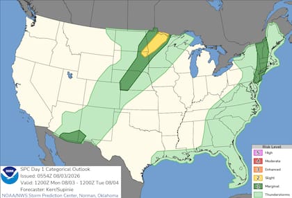 El SPC emitió un riesgo leve (nivel 2 de 5) por tormentas severas para el norte de Minnesota, este de Dakota del Norte y Dakota del Sur
