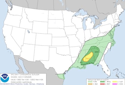 El SPC emitió un riesgo leve para partes de Misisipi y Alabama este martes, debido a tormentas peligrosas que estarán asociadas a vientos en niveles bajos y a la formación de supercélulas capaces de generar ráfagas destructivas
