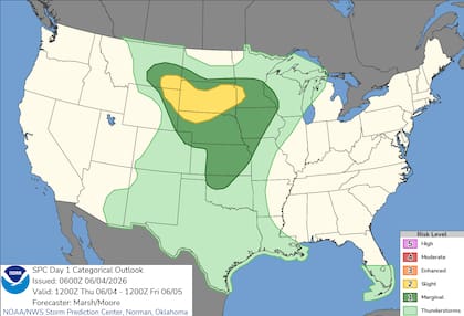El SPC emitió una alerta de riesgo leve de tormentas severas para este jueves en una región comprometida que abarca el norte de Nebraska, gran parte de Dakota del Sur y las Altas Llanuras del norte