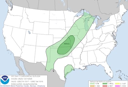El SPC estableció un "riesgo leve" de tormentas severas para el sábado, desde los Ozarks hasta el valle medio del Mississippi, con posibilidad de vientos fuertes, granizo grande y tornados aislados