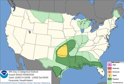 El SPC estableció un Riesgo Leve (nivel 2 de 5) para el centro y este de Oklahoma y el norte de Texas ante el desarrollo de tormentas severas