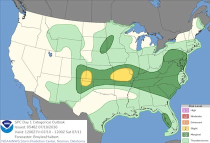 El SPC identificó focos críticos de riesgo para este viernes, en las Altas Llanuras, los Ozarks, el valle medio del Mississippi, los Apalaches y el oeste de Florida