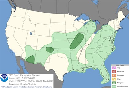 El SPC indicó un riesgo marginal de tormentas con ráfagas intensas y granizo en sectores de Missouri e Illinois