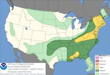El SPC mantiene un riesgo leve para Kentucky, el Atlántico medio y gran parte del noreste, con amenazas de ráfagas destructivas, granizo y tornados aislados