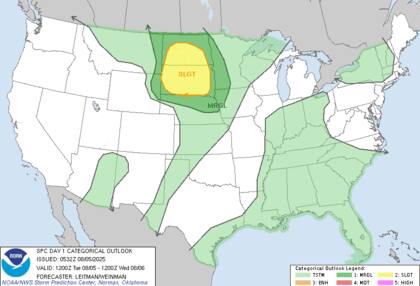 El SPC reporta tormentas severas en Dakota con granizo, vientos de 75 km/h y posibles tornados aislados, producto de un sistema frontal procedente de las Rocosas combinado con aire cálido y húmedo