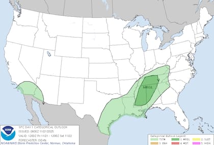 El SPC señaló que existe una probabilidad marginal de tormentas fuertes sobre partes de Mississippi, Alabama y Tennessee este viernes