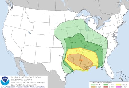 El sur y sureste de EE.UU. enfrentan un riesgo elevado (nivel 3 de 5) de tormentas severas, con posibilidad de tornados, granizo y vientos dañinos en el Valle del Río Rojo y el Bajo Mississippi