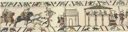 El Tapiz de Bayeux muestra al rey Harold cabalgar hacia Bosham, donde asiste a la iglesia y celebra un banquete en un salón, antes de partir hacia Francia (Foto: Sociedad de Anticuarios de Londres)